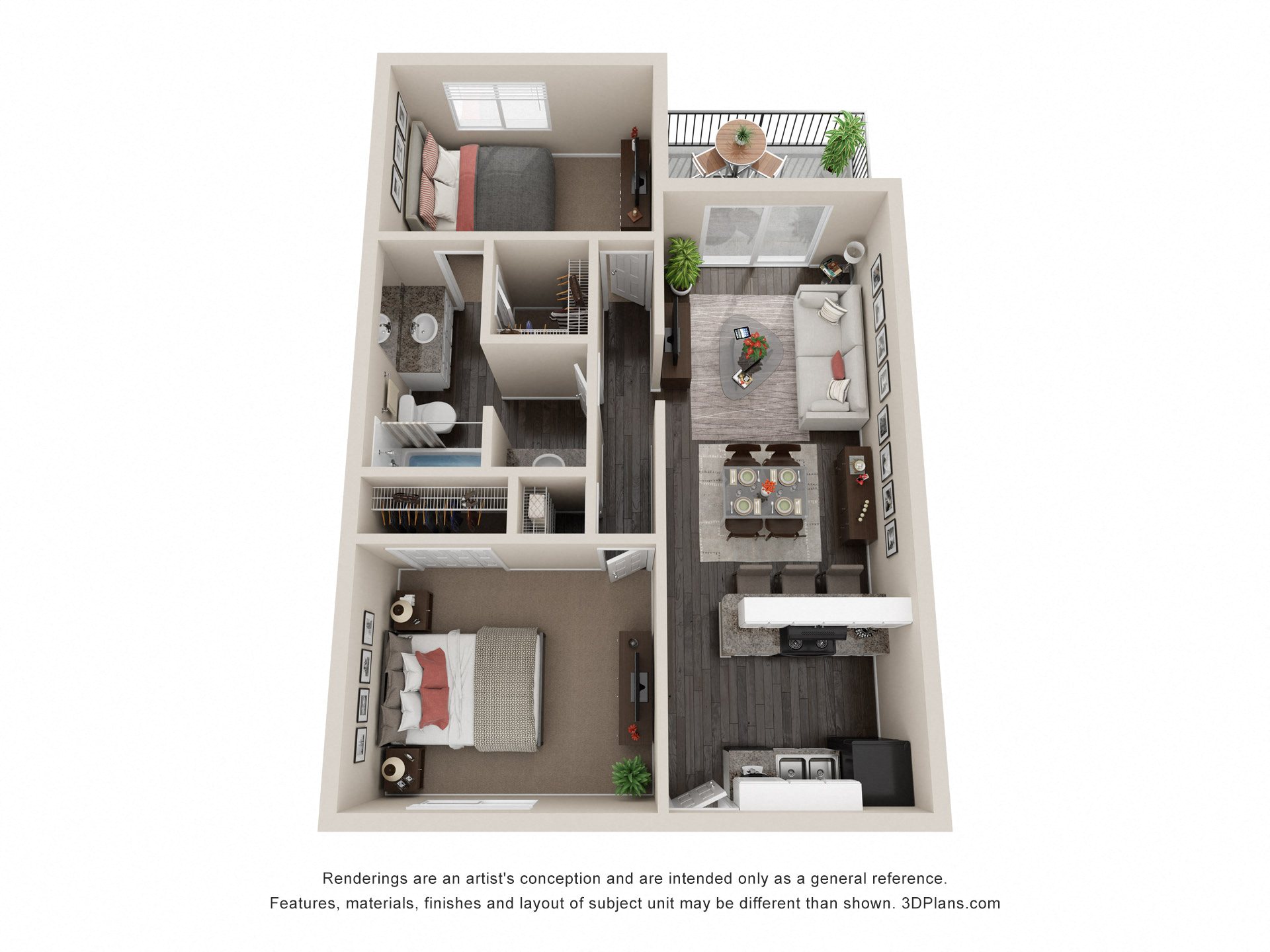 Floor plan for 2 beds, 1 bath, 930 sqft
